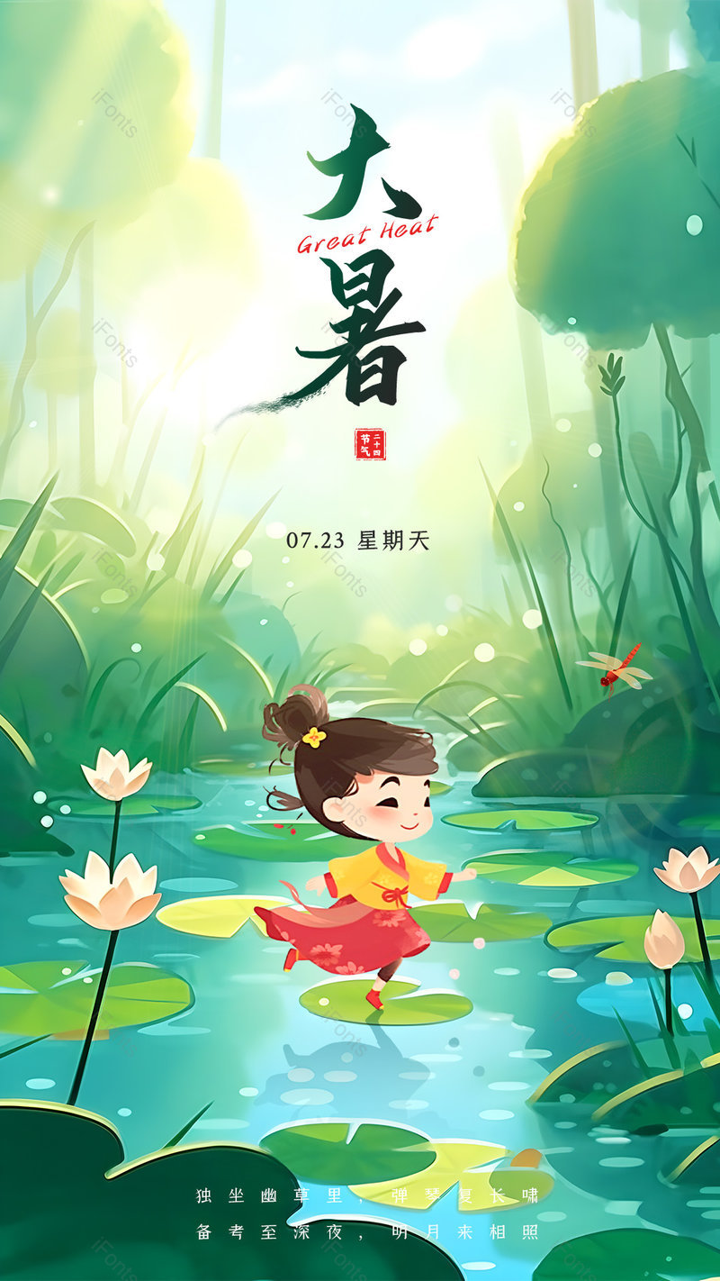 传统节气大暑绿色手绘插画创意海报设计,设计模板,设计模板大全,设计模板下载